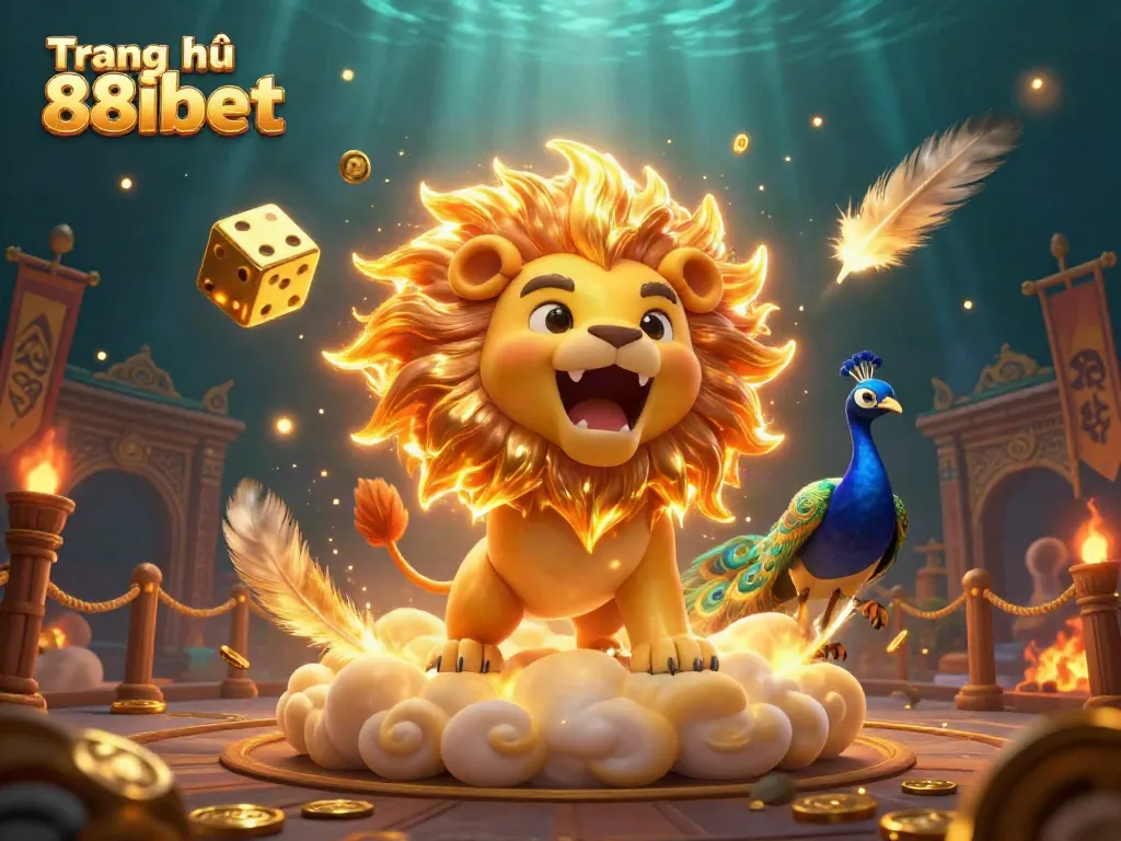Experience the engaging dynamic scene of Trang chủ 88ibet with a roaring lion, golden dice, and vibrant casino elements.