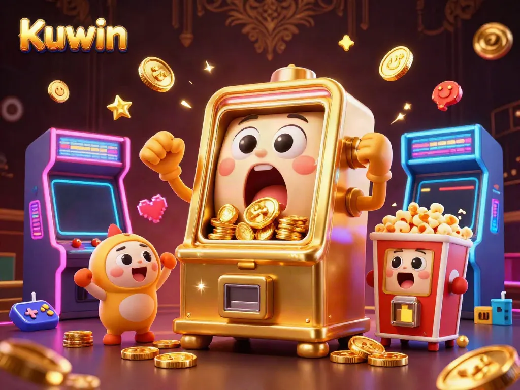 Kuwin slot machine celebrating a jackpot with coins pouring out, surrounded by colorful gaming elements.