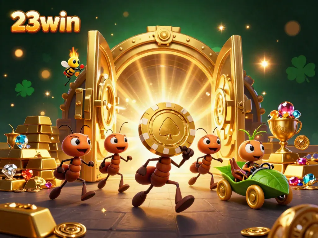 Ants carrying a giant poker chip in a vibrant casino heist scene, featuring 23win branding.