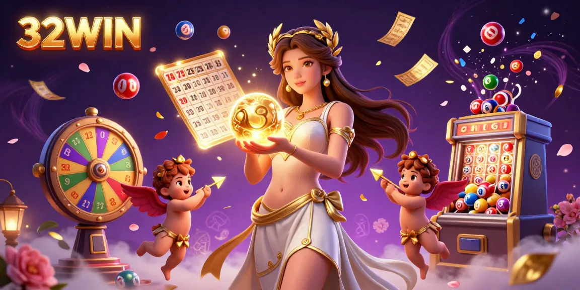 Play exciting games at 32WIN with vibrant lottery balls and a stunning goddess illustration.