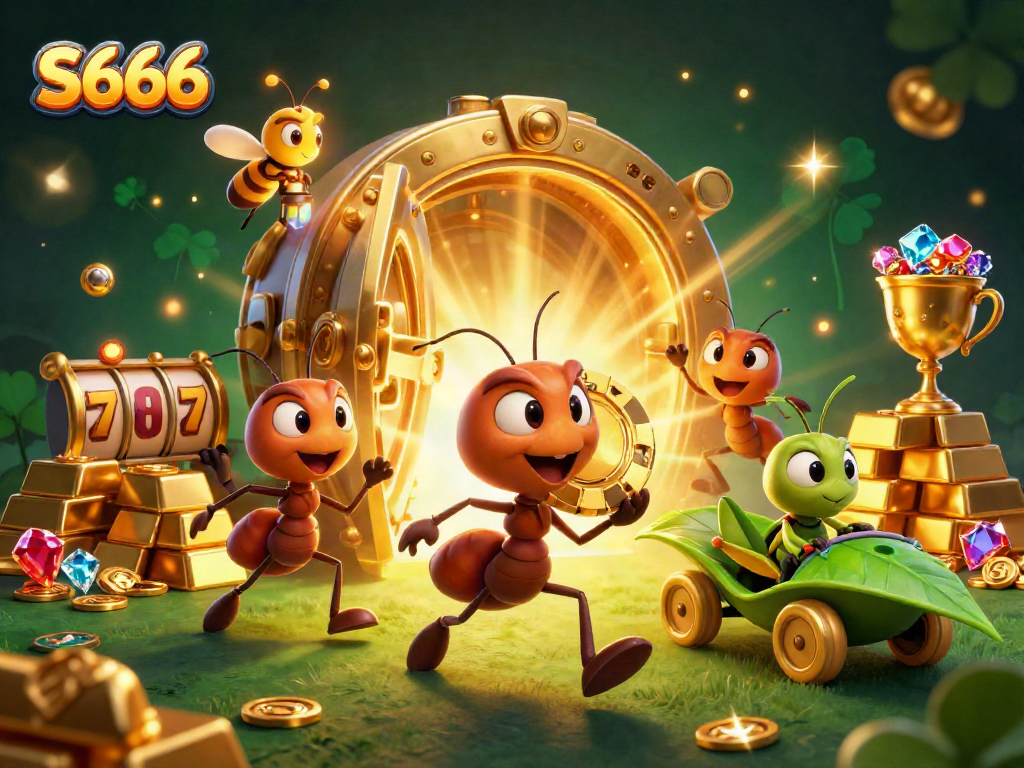 S666 ants heist carrying a giant golden poker chip in a vibrant casino environment.