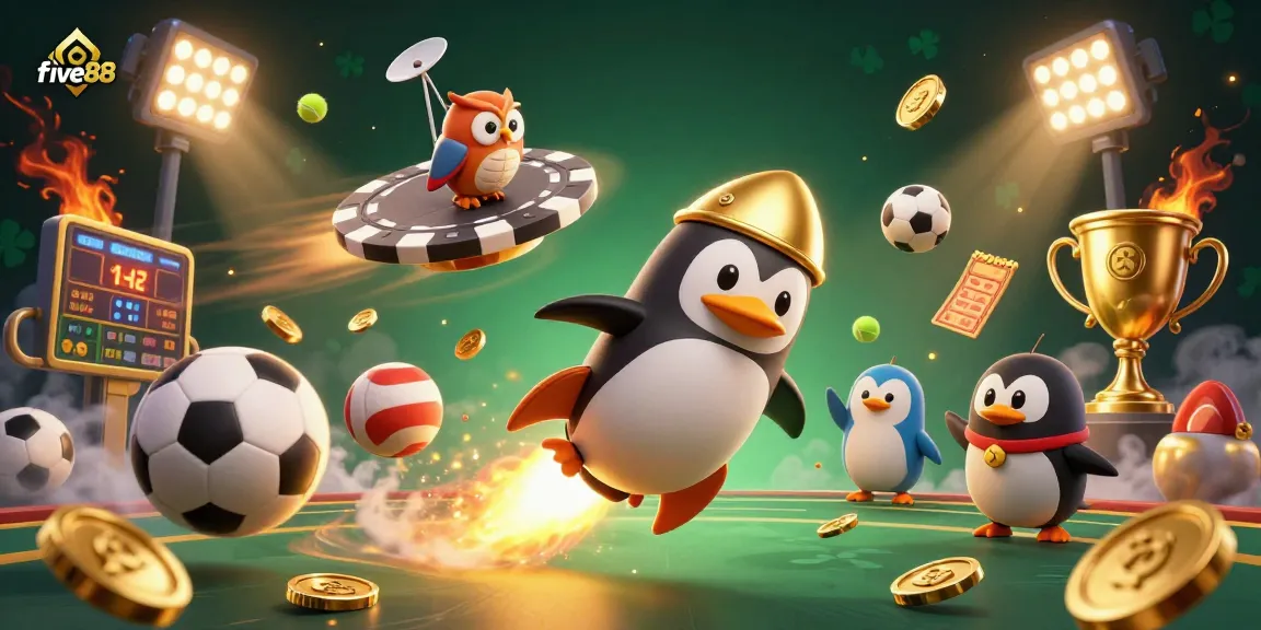 Experience five88's dynamic casino adventure with a golden penguin rocket and vibrant sports elements.