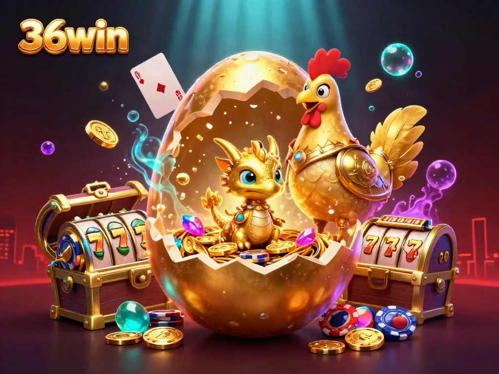 Engage in thrilling gaming adventures with 36win featuring a colossal golden egg, a golden baby dragon, and vibrant casino elements.
