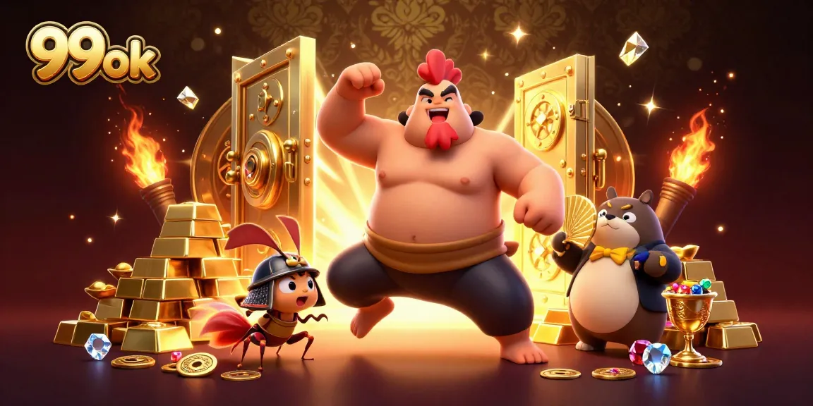 Engage in the thrilling world of 99ok, featuring powerful characters and stunning treasures in a vibrant casino scene.