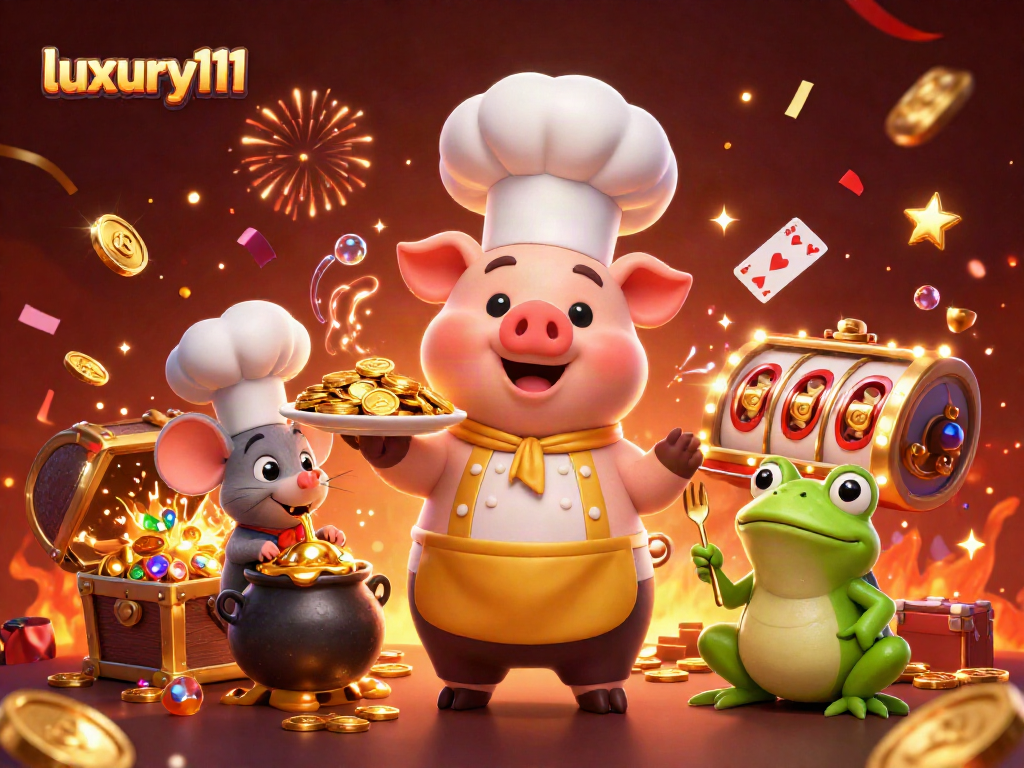Experience luxury111 in our vibrant casino illustration with delightful characters and shimmering treasures.