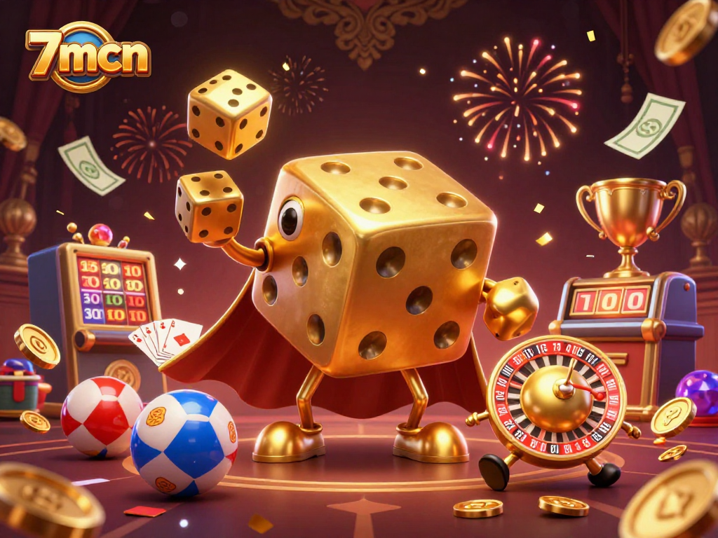 Join the excitement of 7mcn with vibrant lottery-themed characters and dynamic elements.