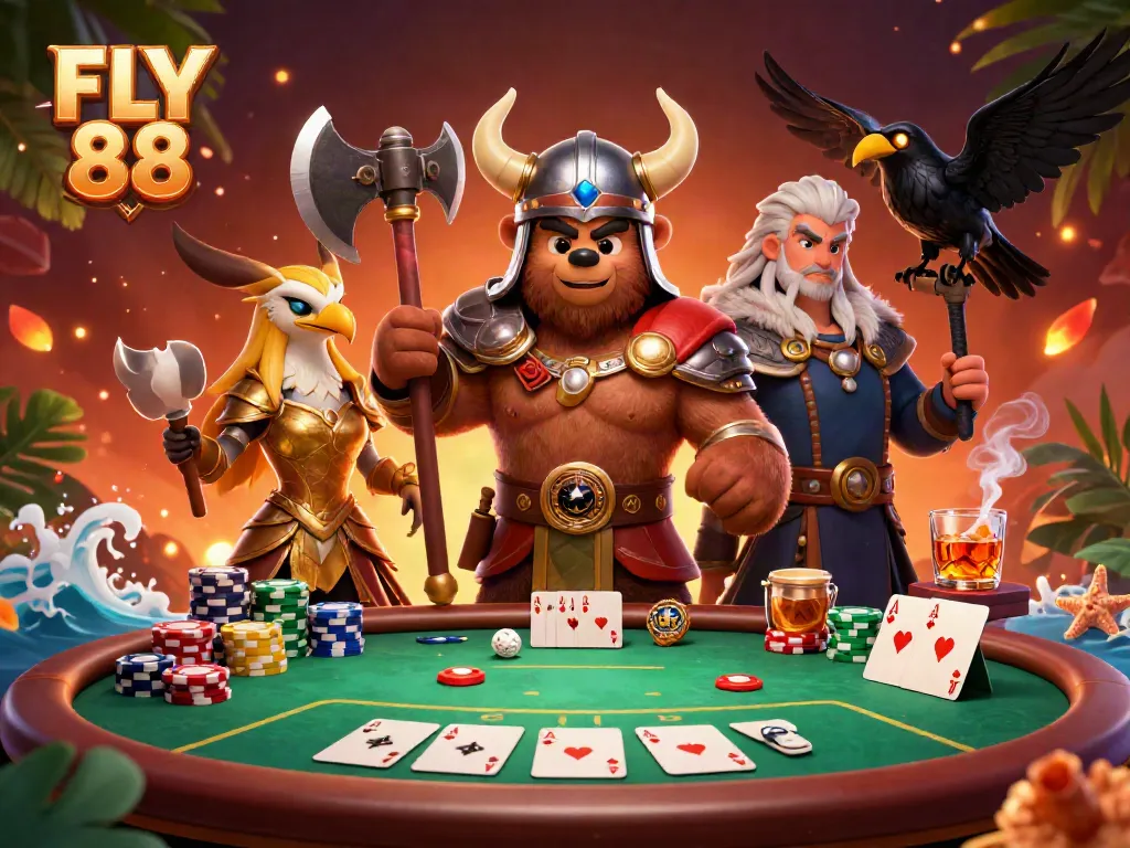 FLY 88's dynamic gameplay scene featuring Viking characters at a poker table.