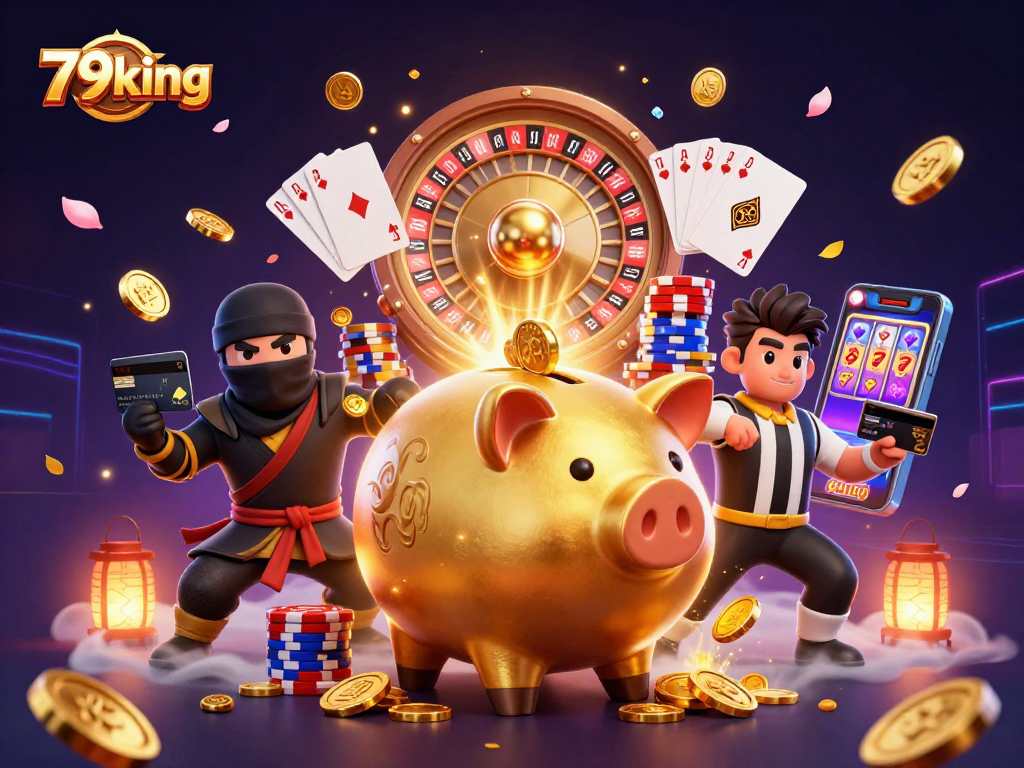 Engage with the vibrant action of 79king's golden sumo wrestler amidst a bustling casino scene.