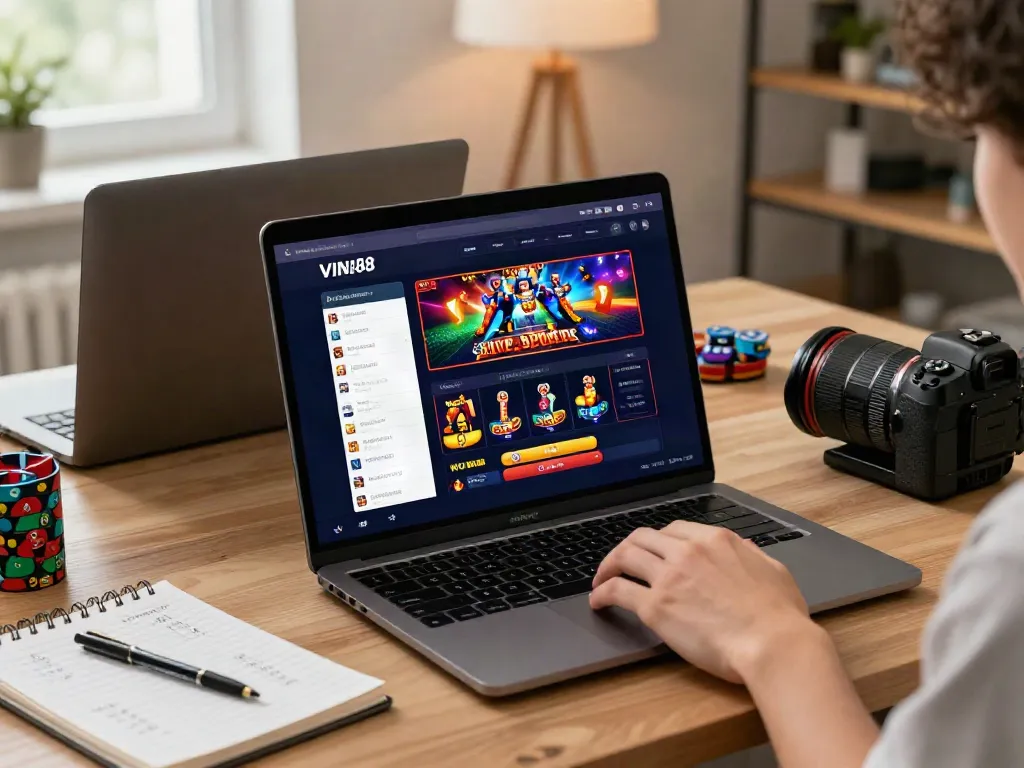 Seamless online betting experience on VIN88 platform with laptop, smartphone, and gaming materials.