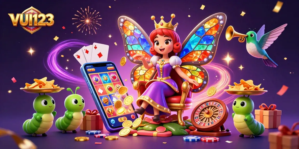 Experience thrilling gameplay with VUI123 as a vibrant butterfly queen presides over a lively casino scene filled with vibrant illustrations and celebratory elements.