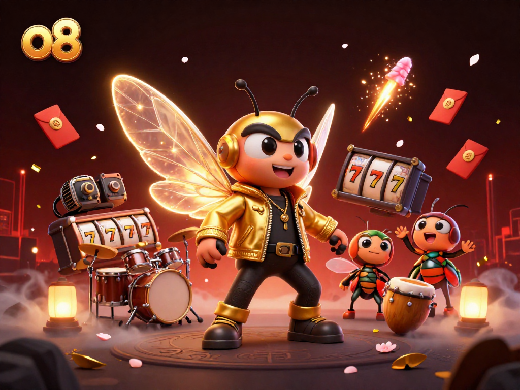 Join the o8 gaming experience with a vibrant 3D casino illustration featuring a rock star and exciting game elements.