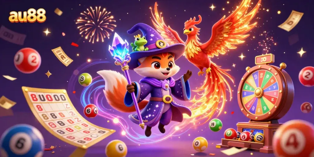 Immerse in the festive gaming world of au88 with a mystical wizard fox, phoenix, and vibrant lottery elements.