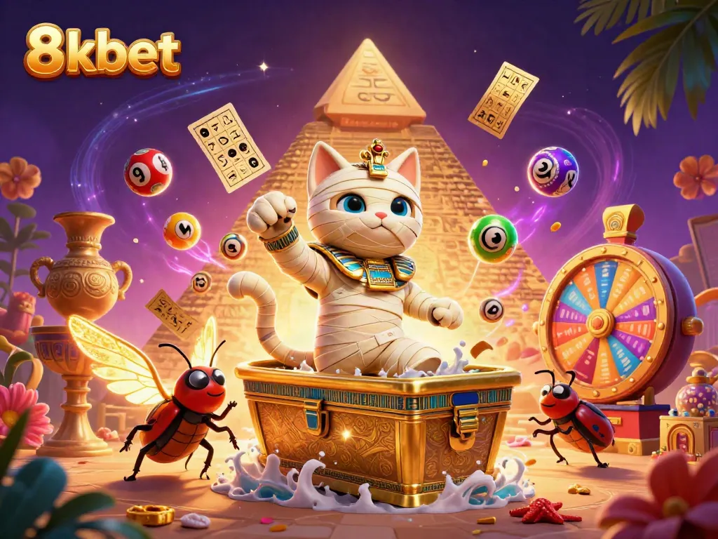 Engage with vibrant casino action featuring 8kbet, a mummy cat, and lottery elements.