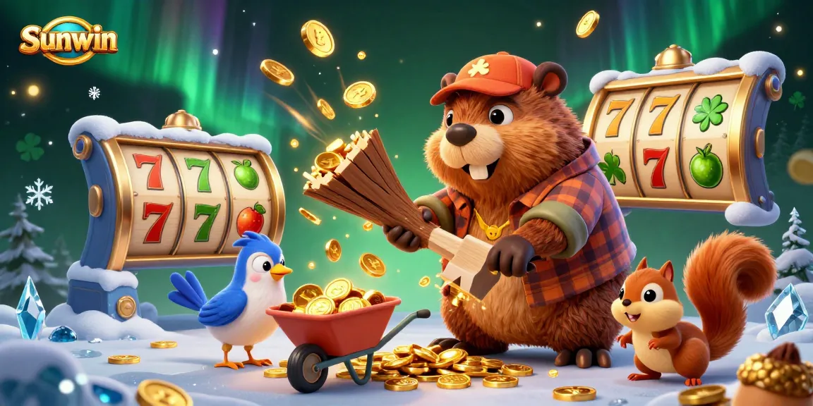 Sunwin players experiencing excitement with jackpot reels and golden coin showers in a dynamic casino scene.