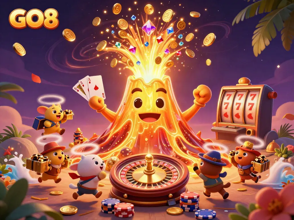 Experience the thrill of GO8 gaming with a dynamic illustration of a golden volcano erupting coins and treasure.