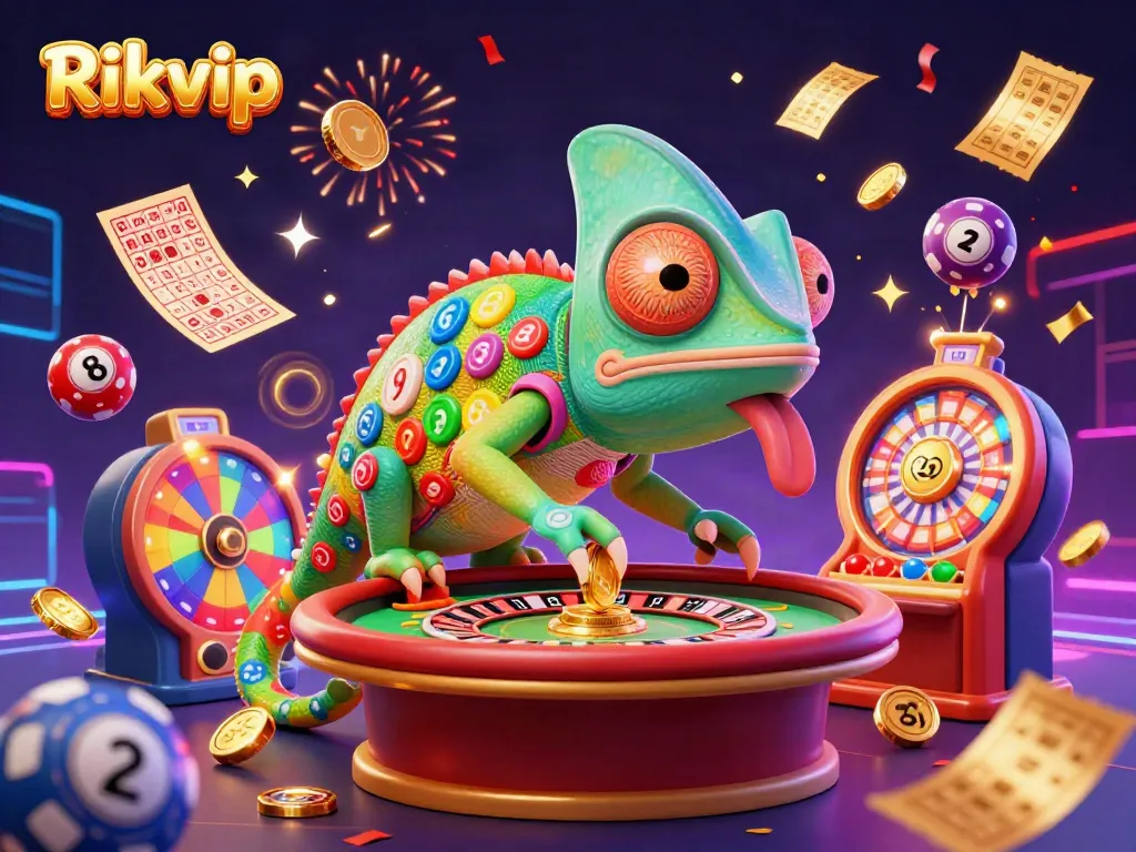 Rikvip shines in a vibrant casino illustration featuring a chameleon owner snapping up coins amidst lottery and casino elements.