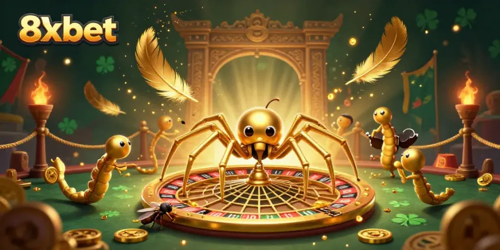 Experience thrilling bets at 8xbet with a dynamic scene featuring a golden spider and a centipede dealer.