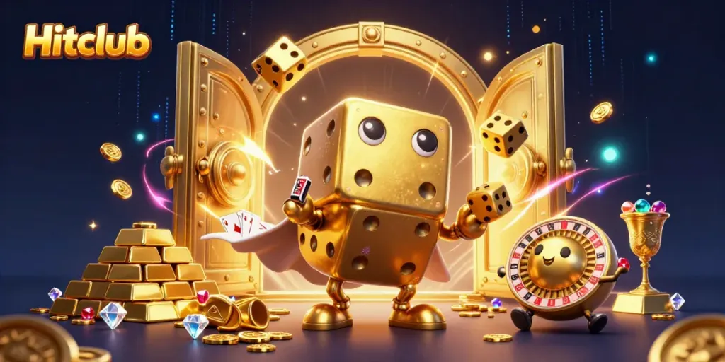 Hitclub's massive golden dice golem and companions celebrate with jewels and gold, showcasing lively casino excitement.