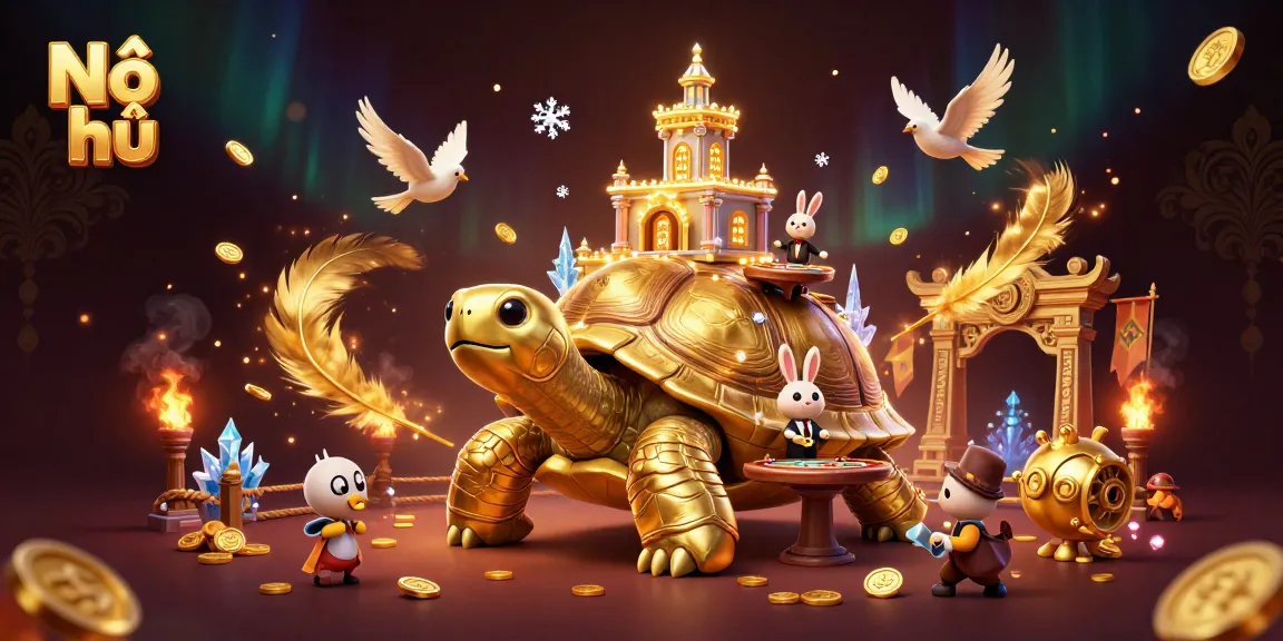 Nổ hũ game illustration showcasing a golden tortoise casino with vibrant scenes of gambling fun.