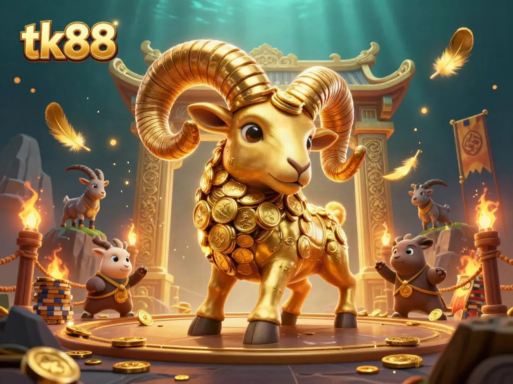 Experience the high-stakes action of tk88 with 3D golden ram charging, surrounded by swirling particles and casino elements.