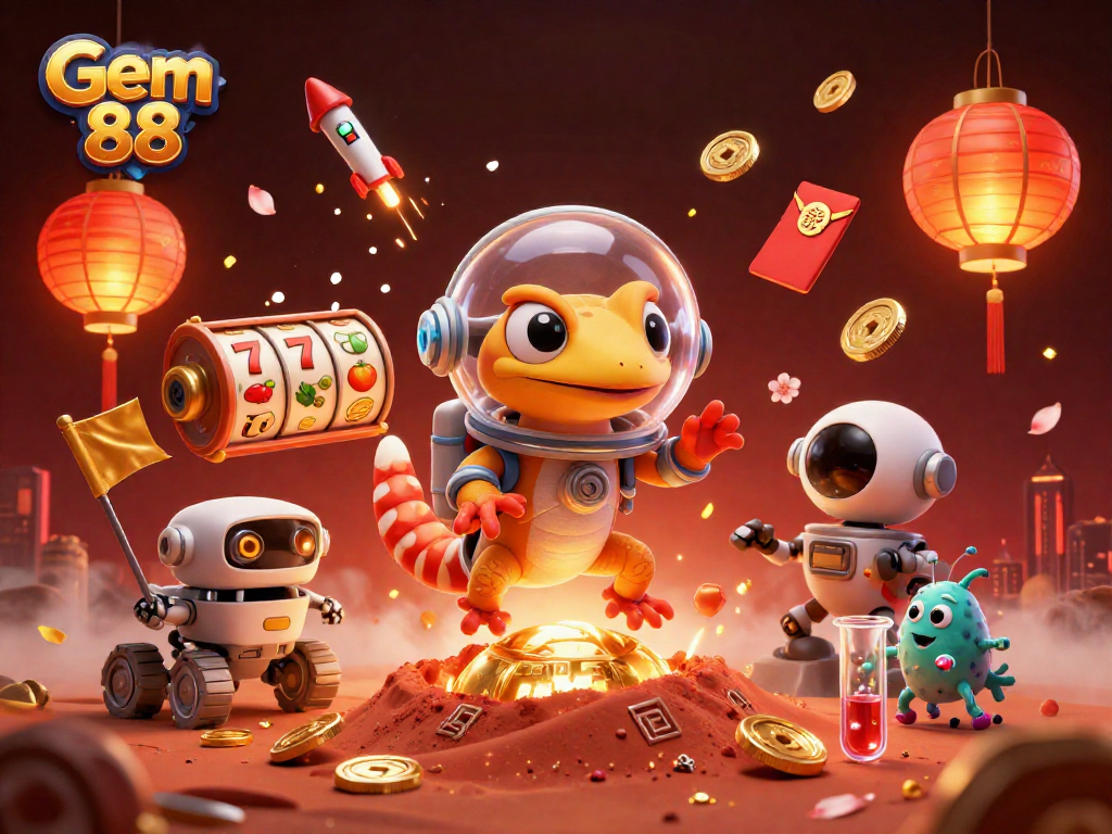 Experience Gem 88's thrilling adventures with a Martian gecko in a vibrant casino scene.
