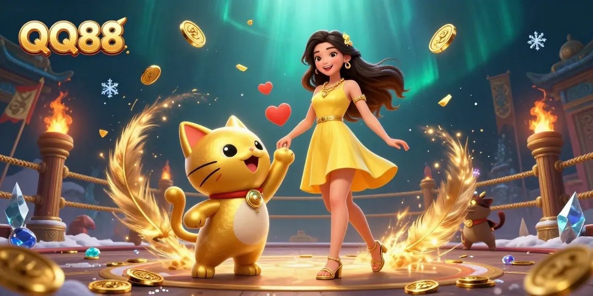 Experience the excitement of QQ88's online casino with games and golden rewards from this vibrant scene.