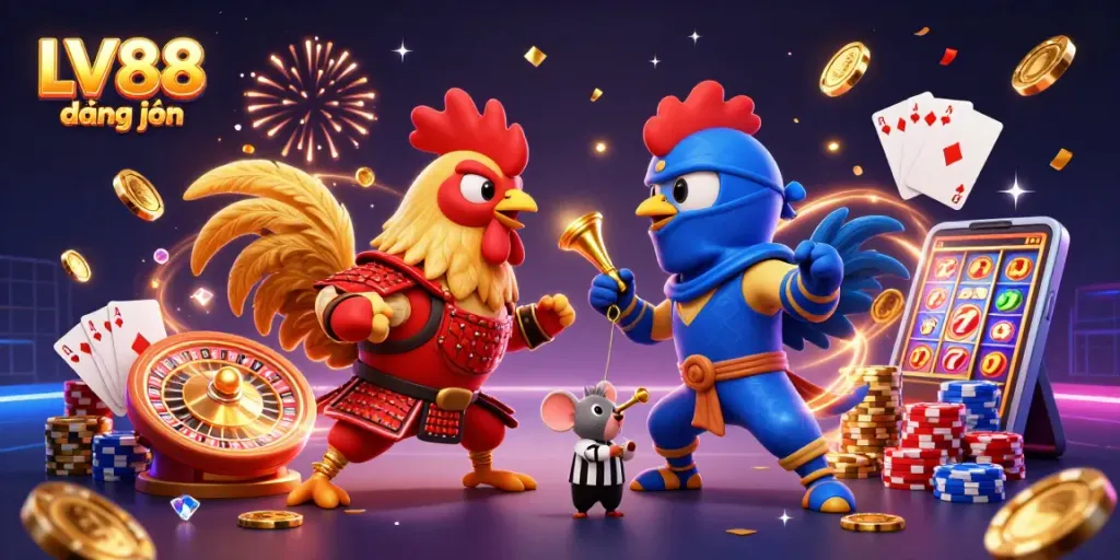 Experience thrilling gameplay with LV88 đăng nhập, featuring a dramatic rooster showdown amidst sparkling casino elements.