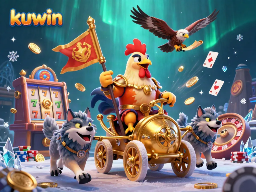 Kuwin's 3D rooster warlord battles in a vibrant casino scene filled with gaming action.