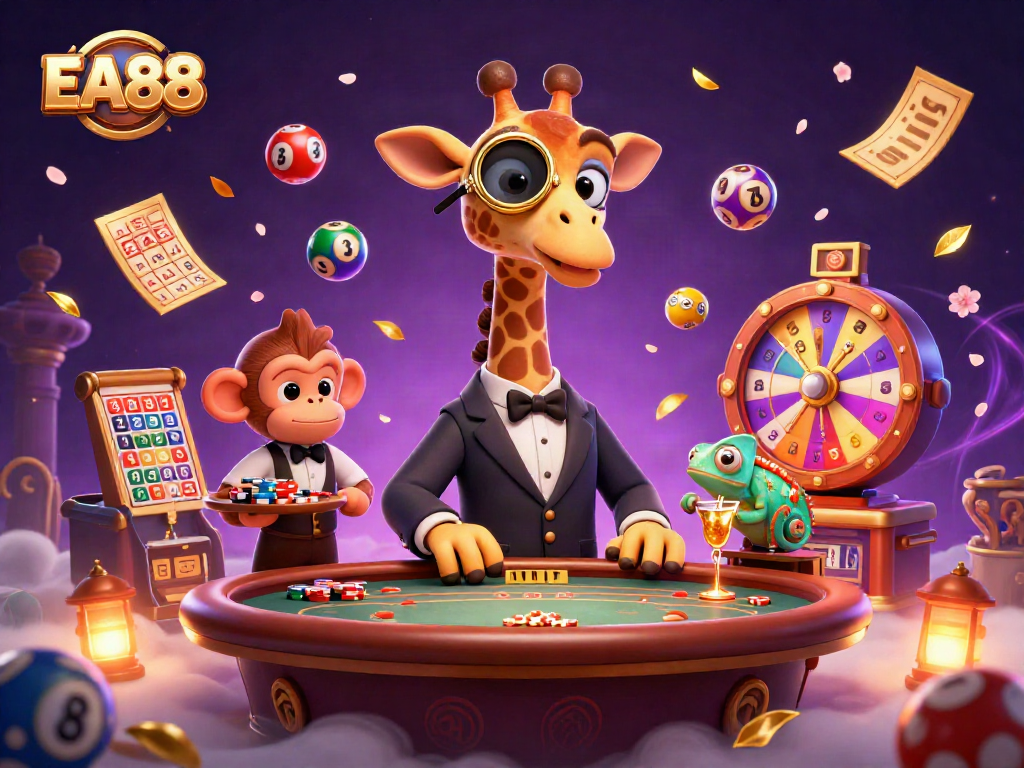 Experience thrilling gaming with EA88 at a vibrant casino scene featuring animated characters and jackpot excitement.