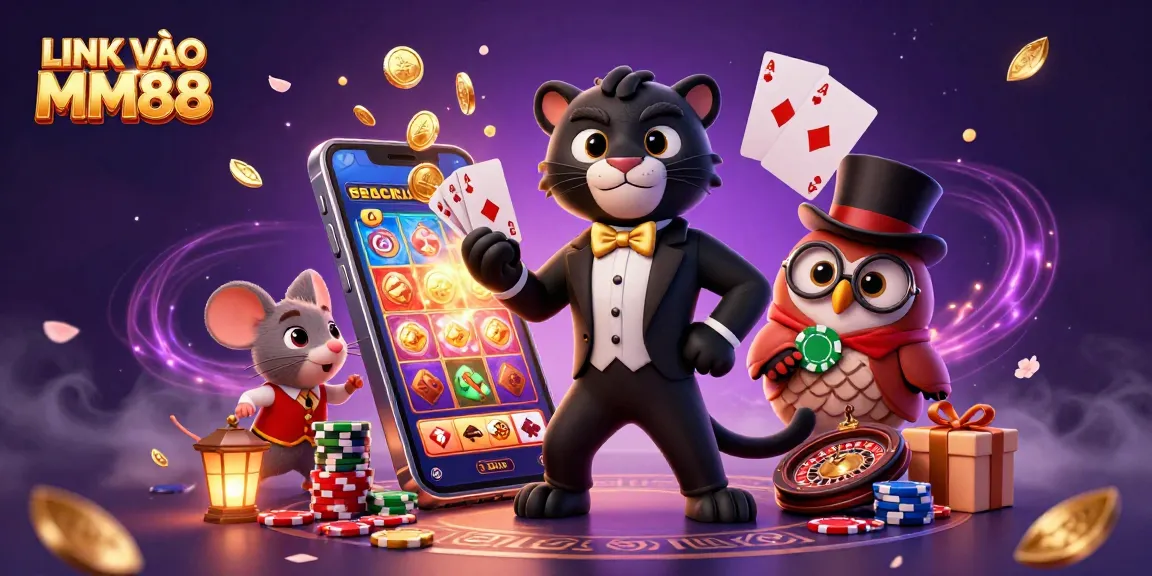 Engage with the LINK VÀO MM88 for immersive casino fun featuring vibrant characters, poker chips, and spinning slots.