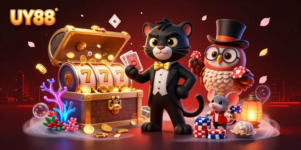 Deal cards elegantly with the stylish UY88 black panther at a vibrant casino setting.