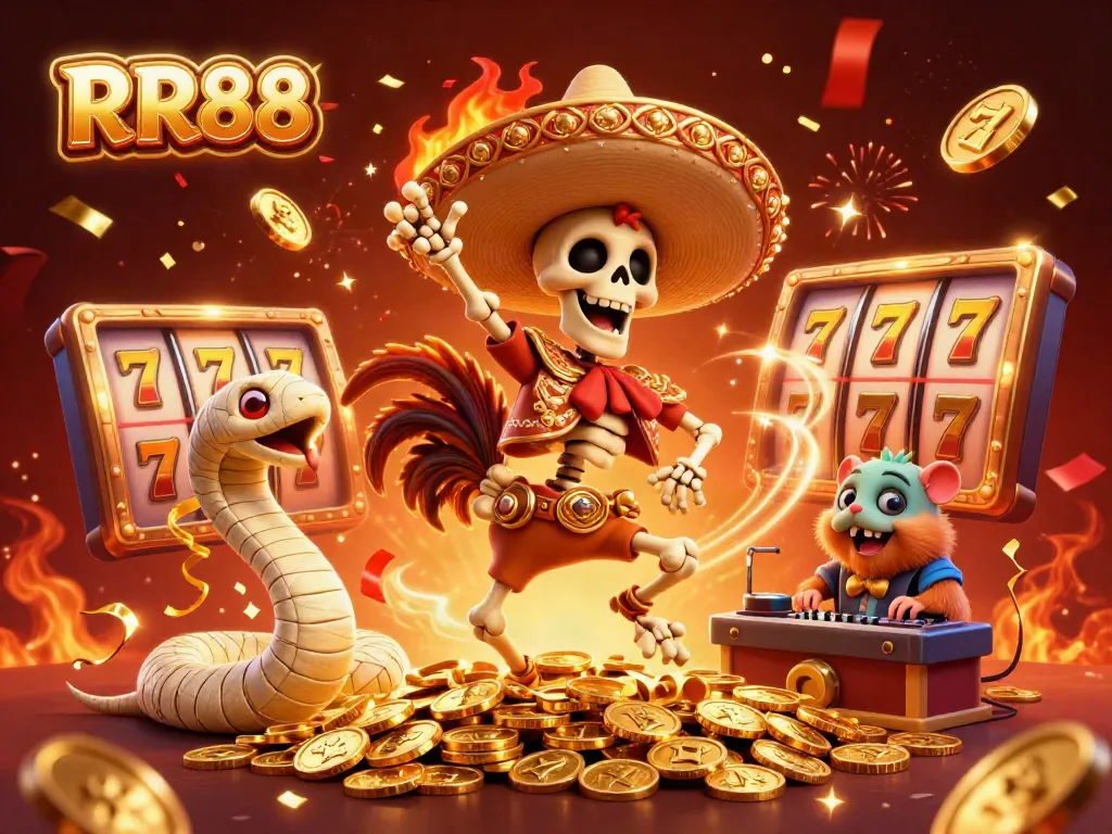 Experience exhilarating wins with RR88's animated characters dancing among jackpot reels and vibrant casino elements.