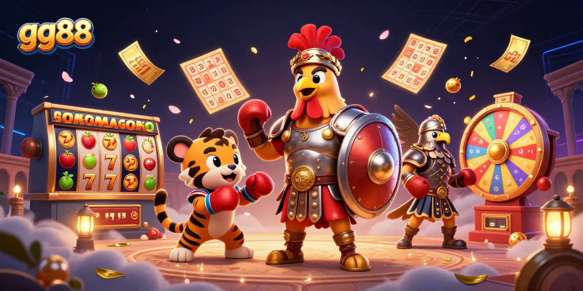 Engage with gg88's vibrant 3D illustration showcasing a dynamic gambling scene filled with slots and colorful elements.