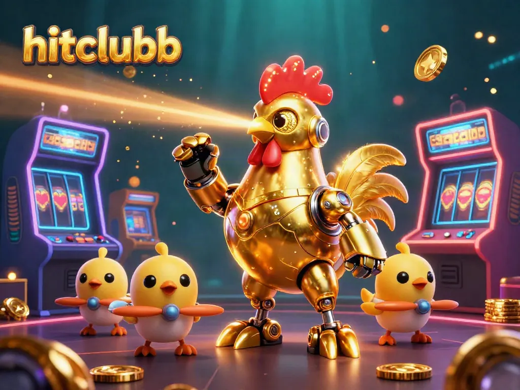 Experience the thrill of hitclubb with a lively casino scene featuring a golden rooster robot and eager baby chick drones.