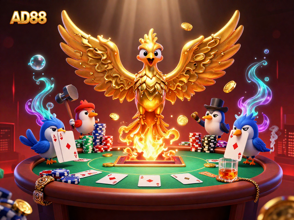 Experience the excitement of AD88's casino with a stunning 3D golden phoenix and poker elements.