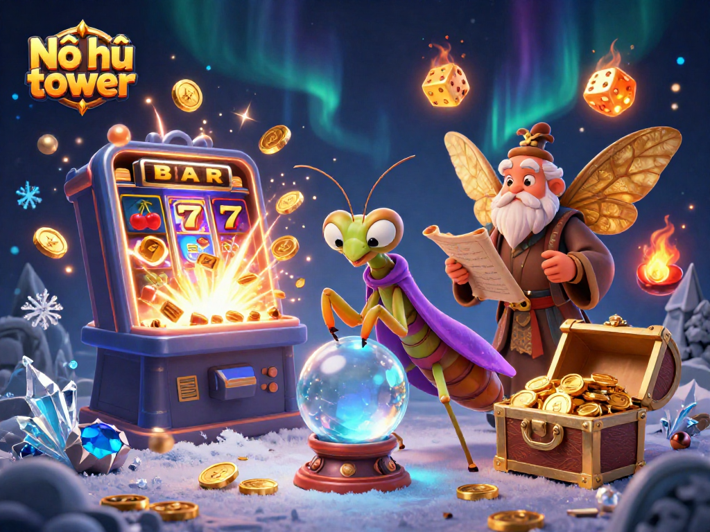 Nổ hũ tower game featuring a mystical fortune teller with a crystal ball amidst vibrant slot machine action.