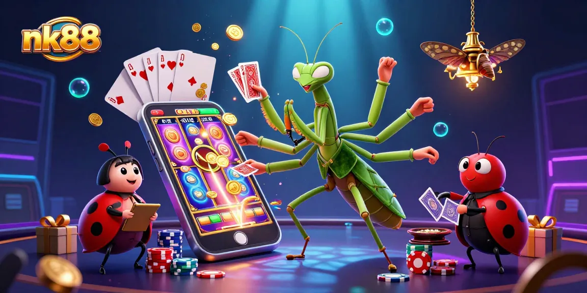 Experience the thrill of nk88 gaming with a colorful casino scene featuring a unique praying mantis dealer.