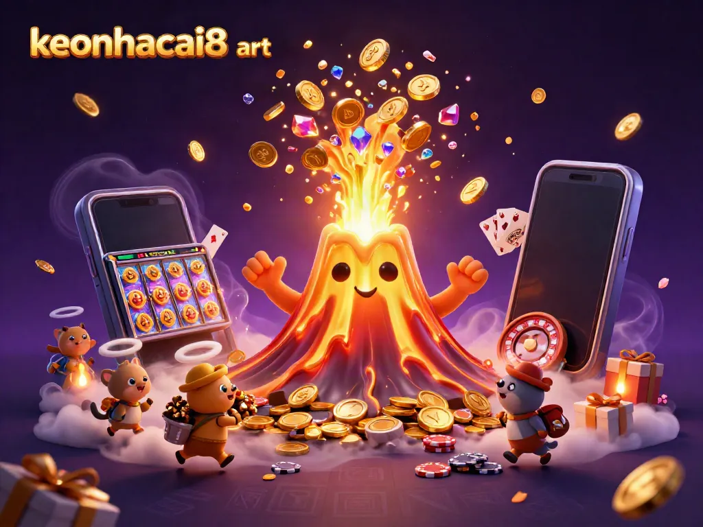 Experience the excitement of keonhacai8 art with a golden volcano erupting treasures amidst vibrant casino elements.
