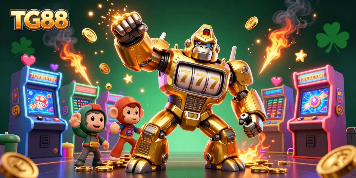 Engage in TG88's vibrant casino experience with a dynamic 3D illustration of a golden gorilla mech and gaming elements.