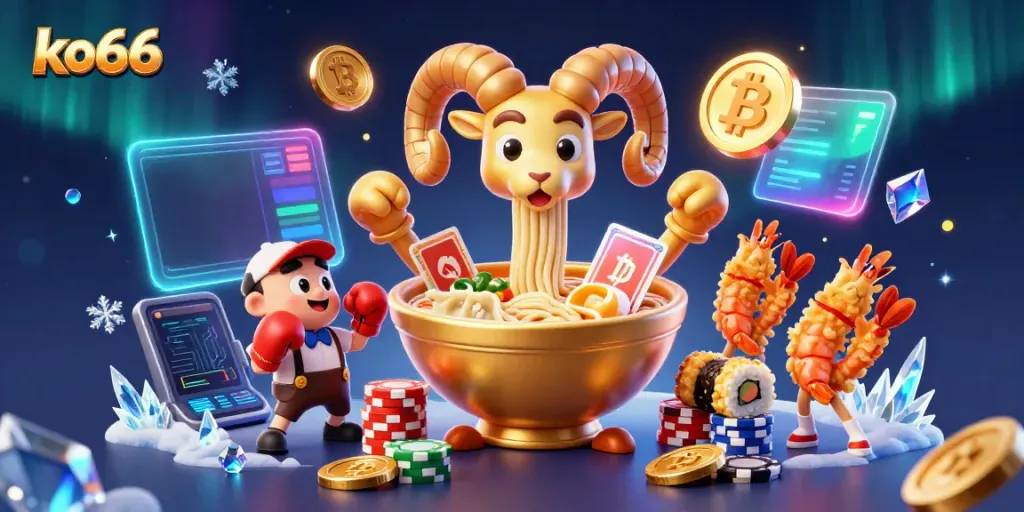 Play poker and win big with ko66 in a vibrant casino scene filled with cryptocurrency elements.