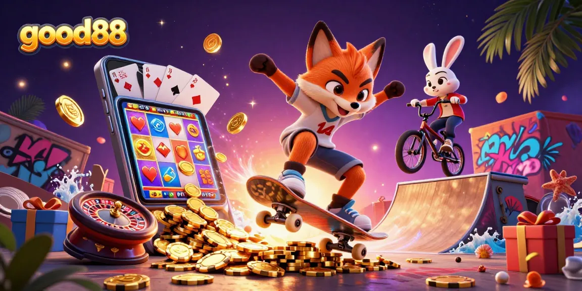 Experience the excitement of good88 as a fox skater and rabbit BMX rider animate a vibrant casino scene filled with thrilling games.
