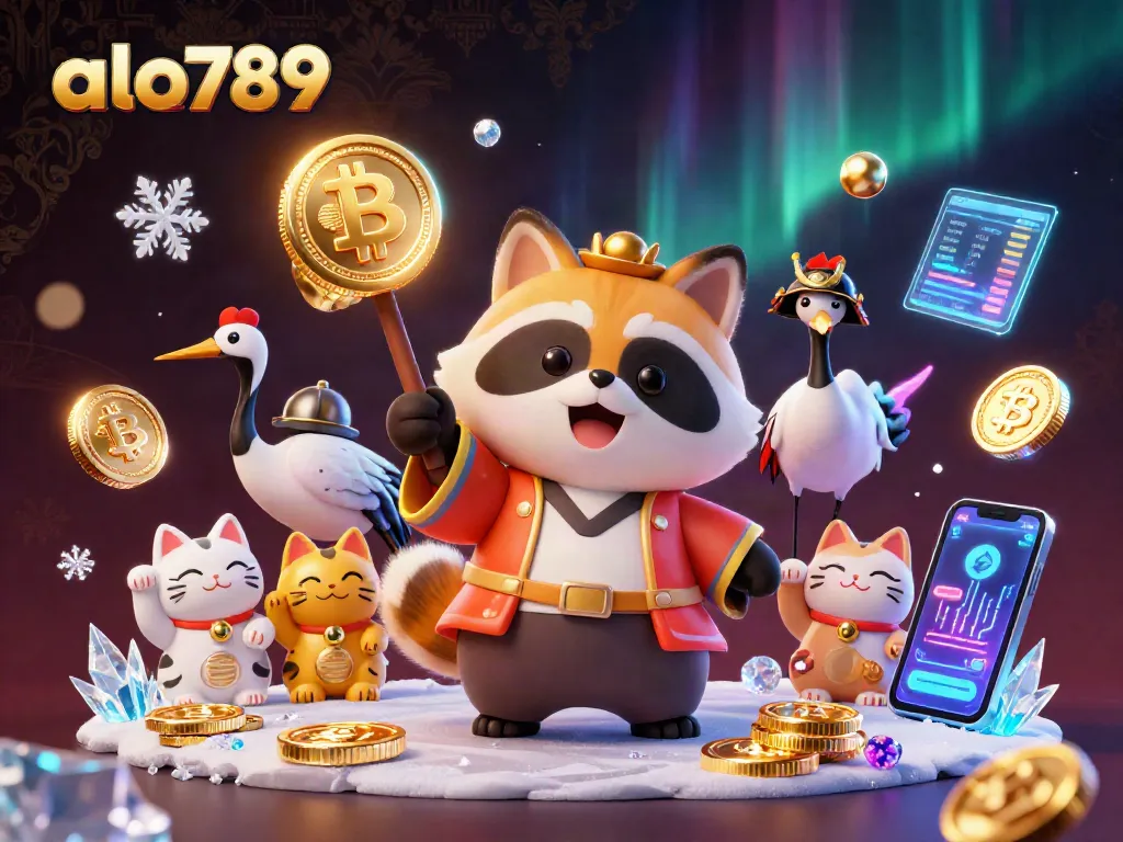 Spin to win with alo789 casino, featuring vibrant tanuki and crypto elements in a lively gaming scene.