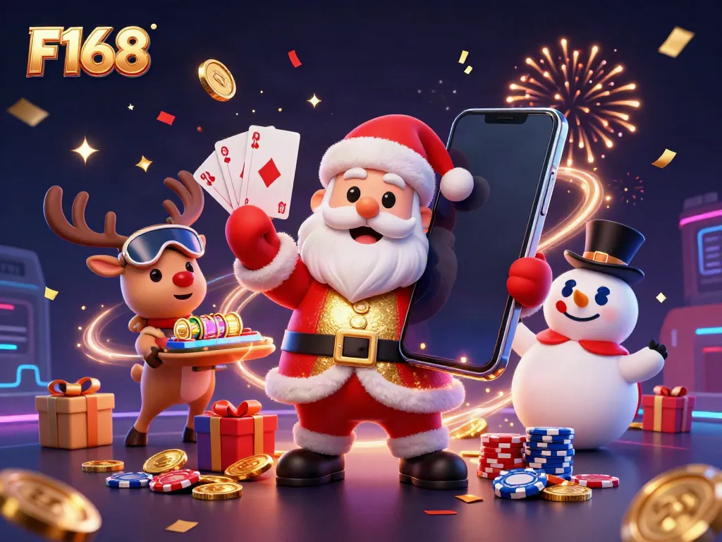 Experience F168's vibrant casino atmosphere with Santa and friends celebrating jackpot wins.