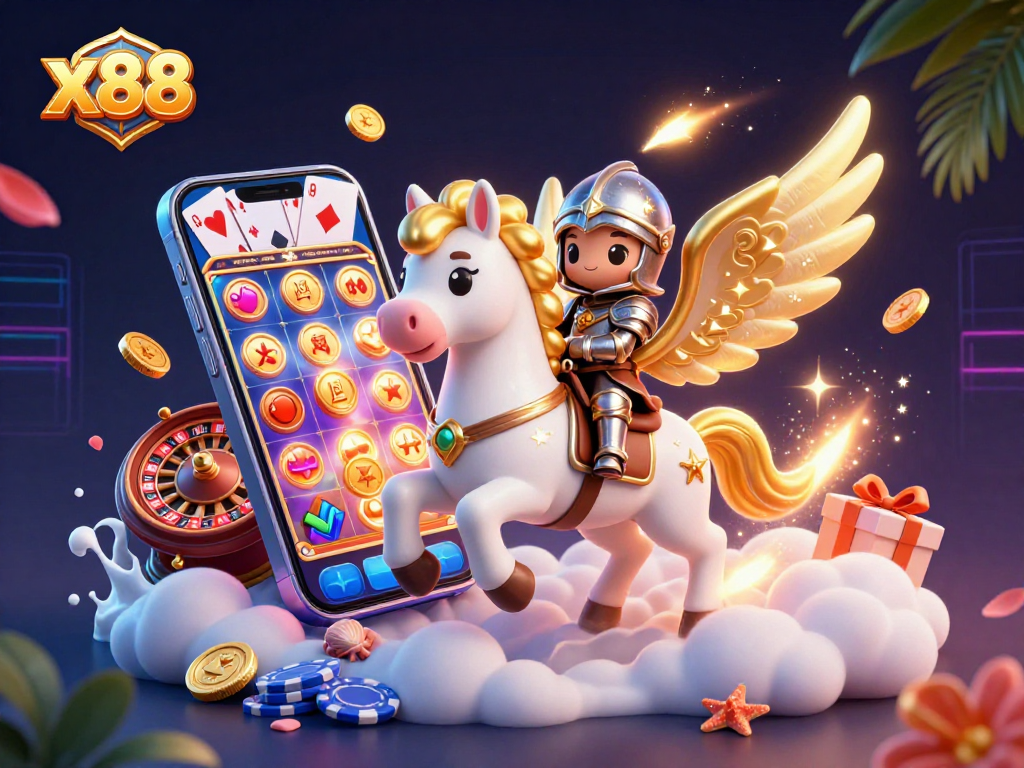 x88's immersive gaming fantasy displayed with a celestial horse and casino elements, promoting exciting gameplay.