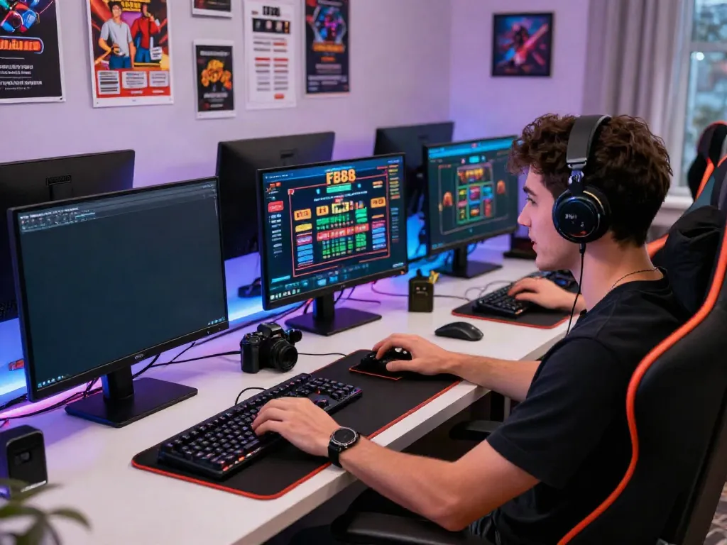 Engaged gamer at a modern workstation enjoying FB88 online casino games.