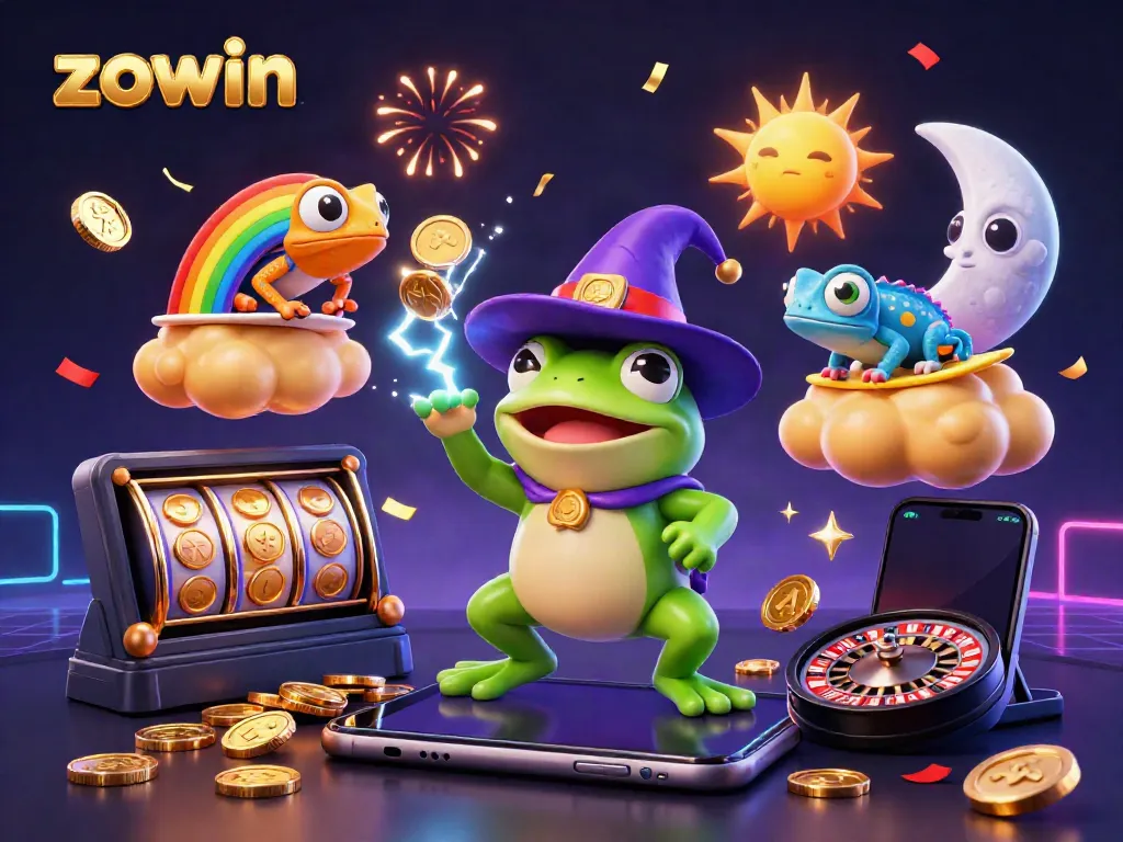 Experience the thrill of casino gaming with Zowin's dynamic scene of golden coins and slot games.