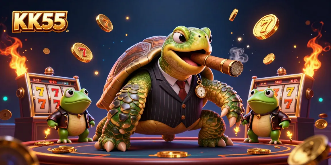Engage with KK55's vibrant slot experience featuring a cartoon turtle and dynamic game elements.