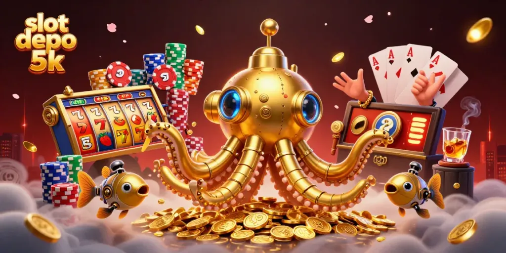 Engage in thrilling gameplay with slot depo 5k, featuring vibrant slot reels and golden kraken in a dynamic casino scene