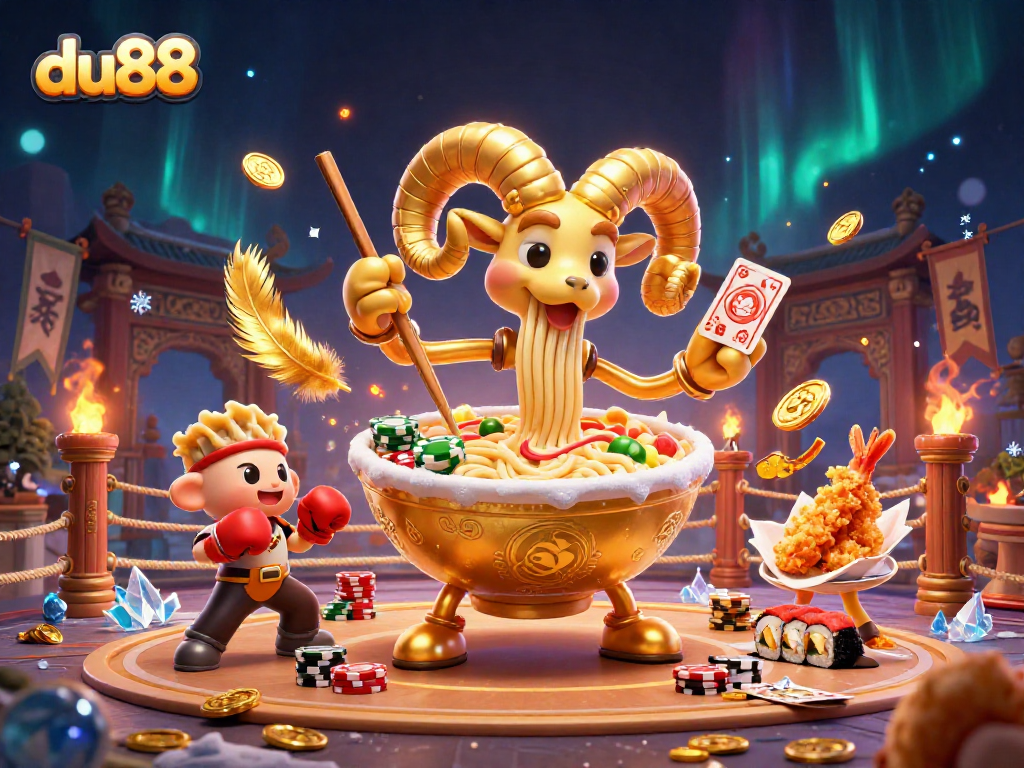 du88 showcases an engaging casino scene with a golden ramen bowl dealer and dynamic gambling elements.