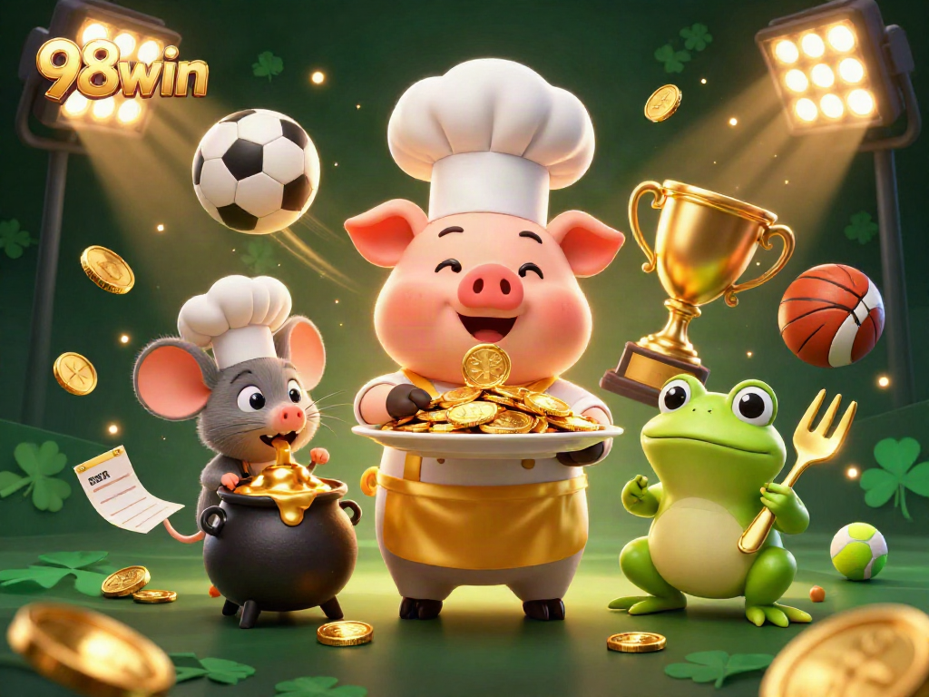 Join the excitement of 98win with a vibrant scene depicting a chef pig serving gold coins amid dynamic sports elements.